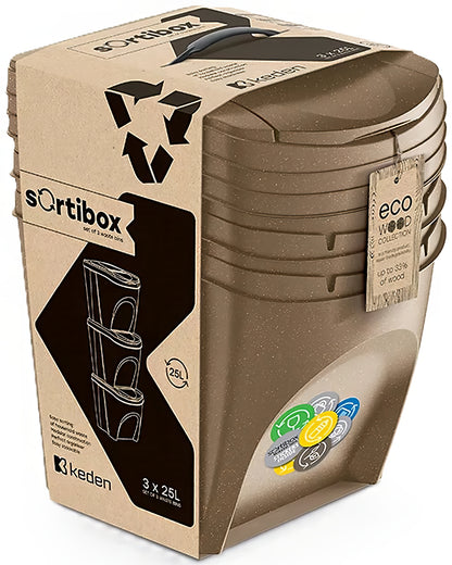 Sortibox Eco Wood 3 x 25L Stackable Recycling Bins Waste Bin Set Brown 75L