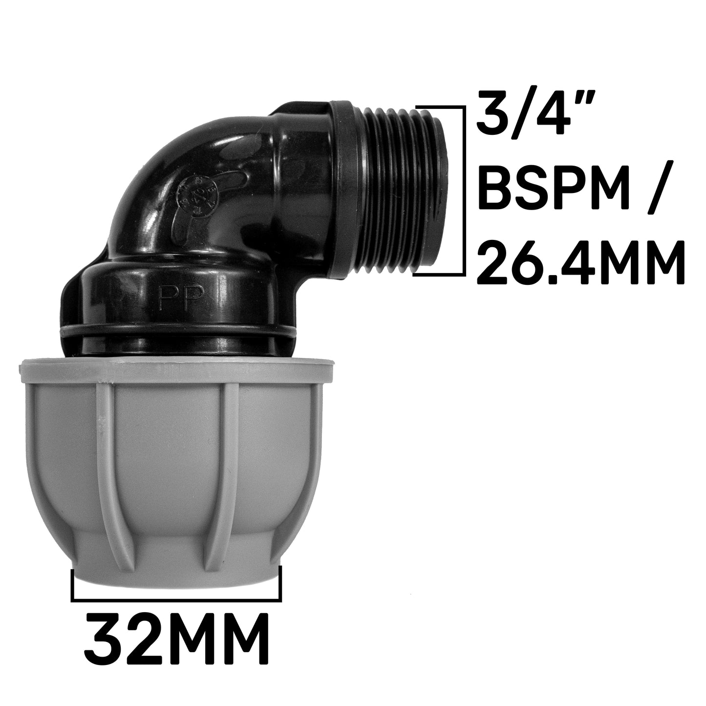 25mm MDPE Wall Flange Set with Lever Valve and 32mm MDPE Elbow Fitting