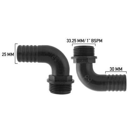 Pond Hose Elbow Fitting – 1” BSPM Thread, 25mm Outlet