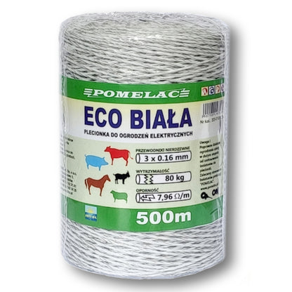 POMELAC ECO Electric Fence Rope 250m 500m White 3x0.16mm Horse Cattle Livestock
