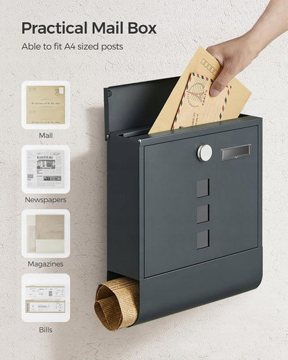 Wall Mounted Post Box Lockable A4 Letterbox Newspaper Holder Anthracite