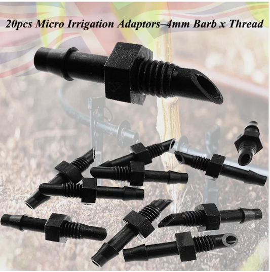 20pcs Antelco Micro Irrigation Adaptors – 4mm Barb x Thread Fittings