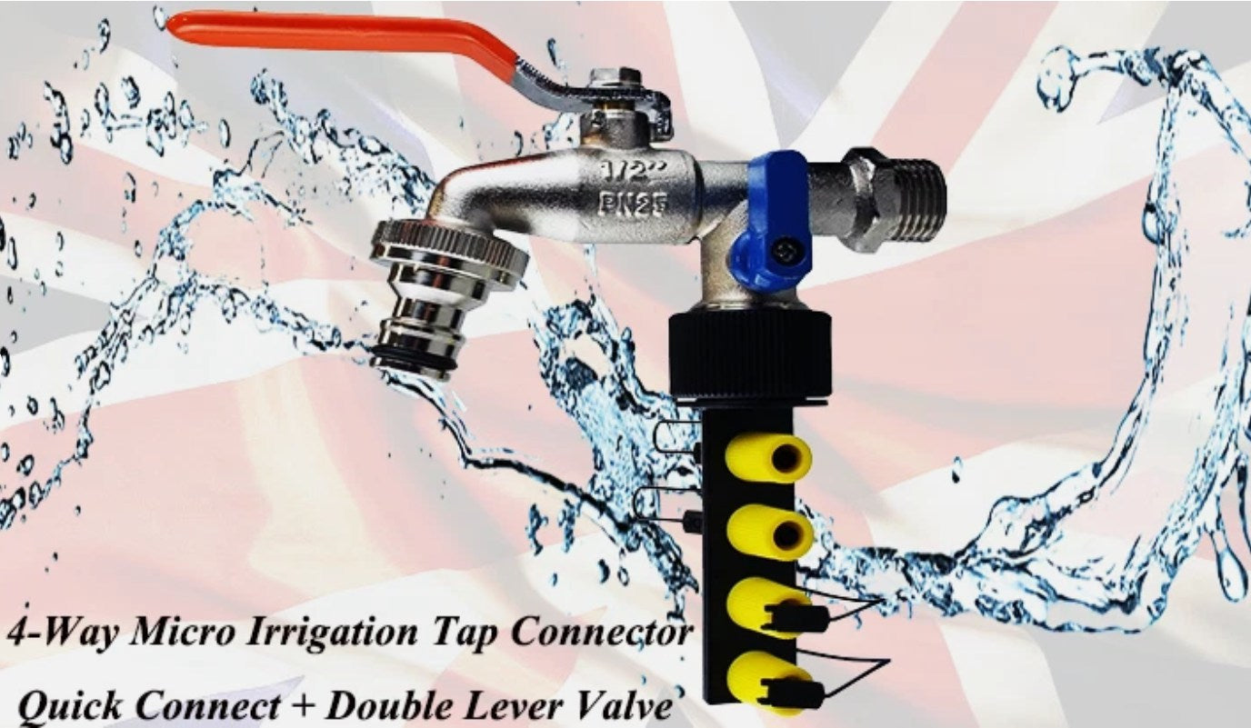 4-Way Micro Irrigation Tap Connector – Quick Connect + Double Lever Valve