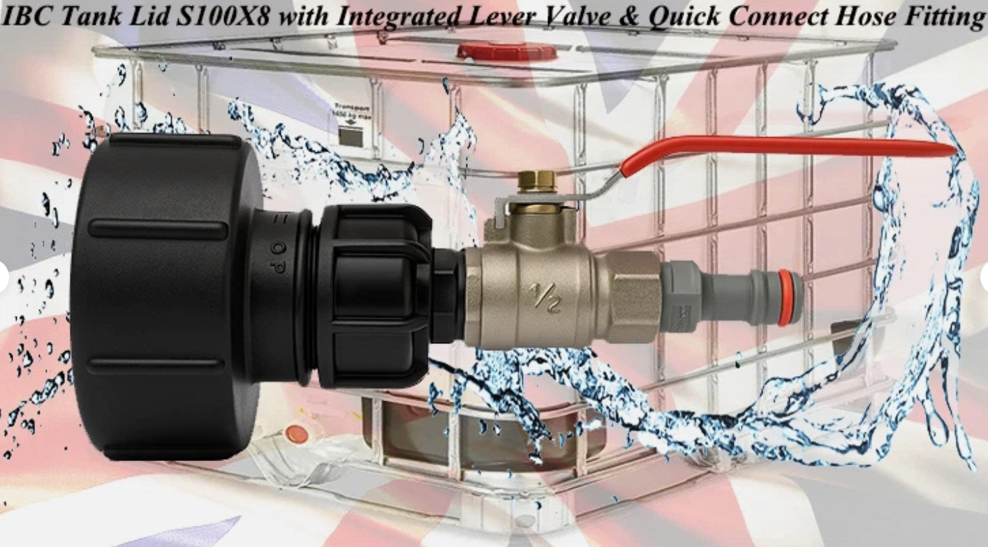 IBC Tank Lid S100X8 with Integrated Lever Valve & Quick Connect Hose Fitting