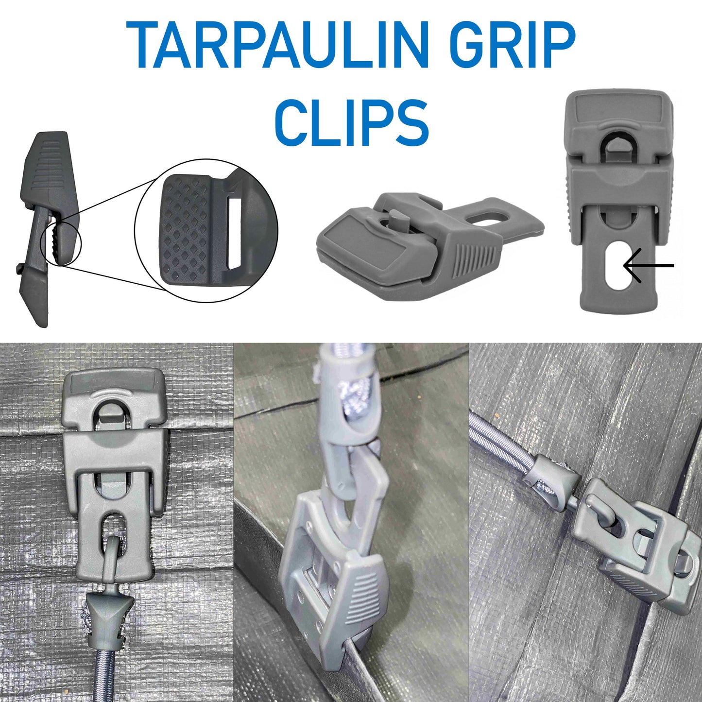 Pack of 10 Grey Slide-Style Tarpaulin Clips