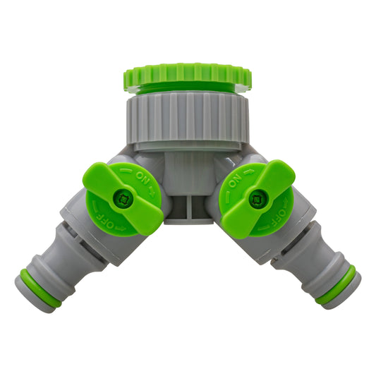 Green/Grey 1” or ¾” BSP Female Dual Outlet Tap Fitting with Valves
