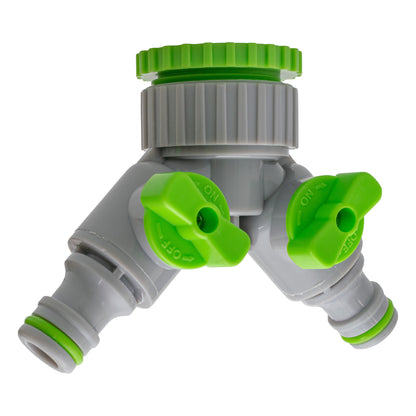 Green/Grey 1” or ¾” BSP Female Dual Outlet Tap Fitting with Valves