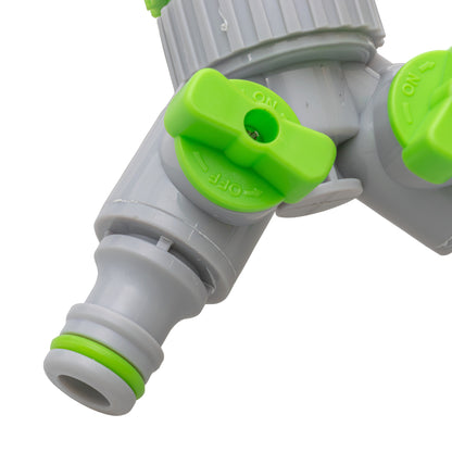 Green/Grey 1” or ¾” BSP Female Dual Outlet Tap Fitting with Valves
