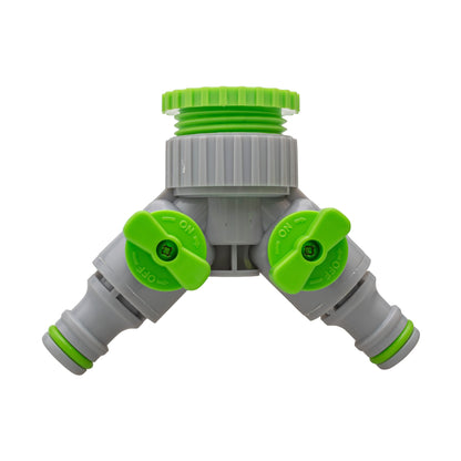 Green/Grey 1” or ¾” BSP Female Dual Outlet Tap Fitting with Valves