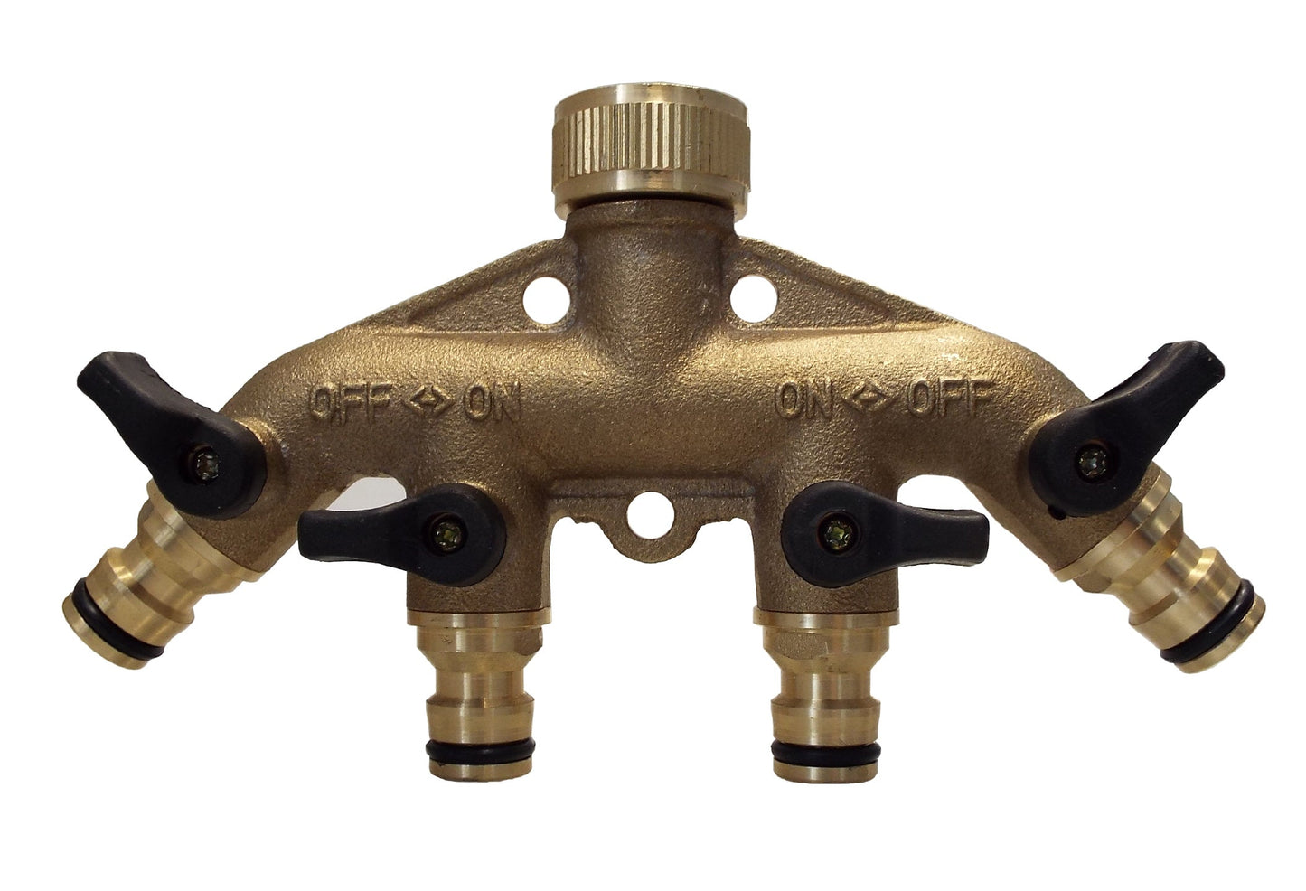 4-Way Brass Manifold with Valves and Snap-On Connectors