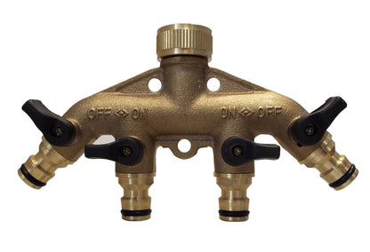 4-Way Brass Manifold with Valves and Snap-On Connectors