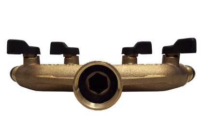 4-Way Brass Manifold with Valves and Threaded Outlets