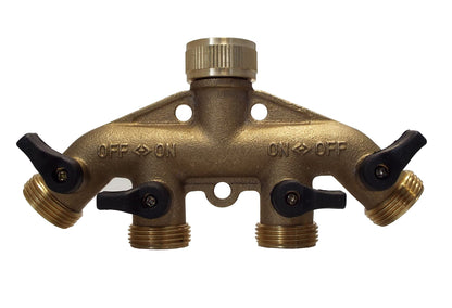 4-Way Brass Manifold with Valves and Threaded Outlets