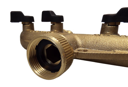 4-Way Brass Manifold with Valves and Threaded Outlets