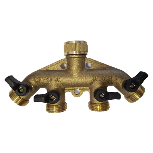 4-Way Brass Manifold with Valves and Threaded Outlets