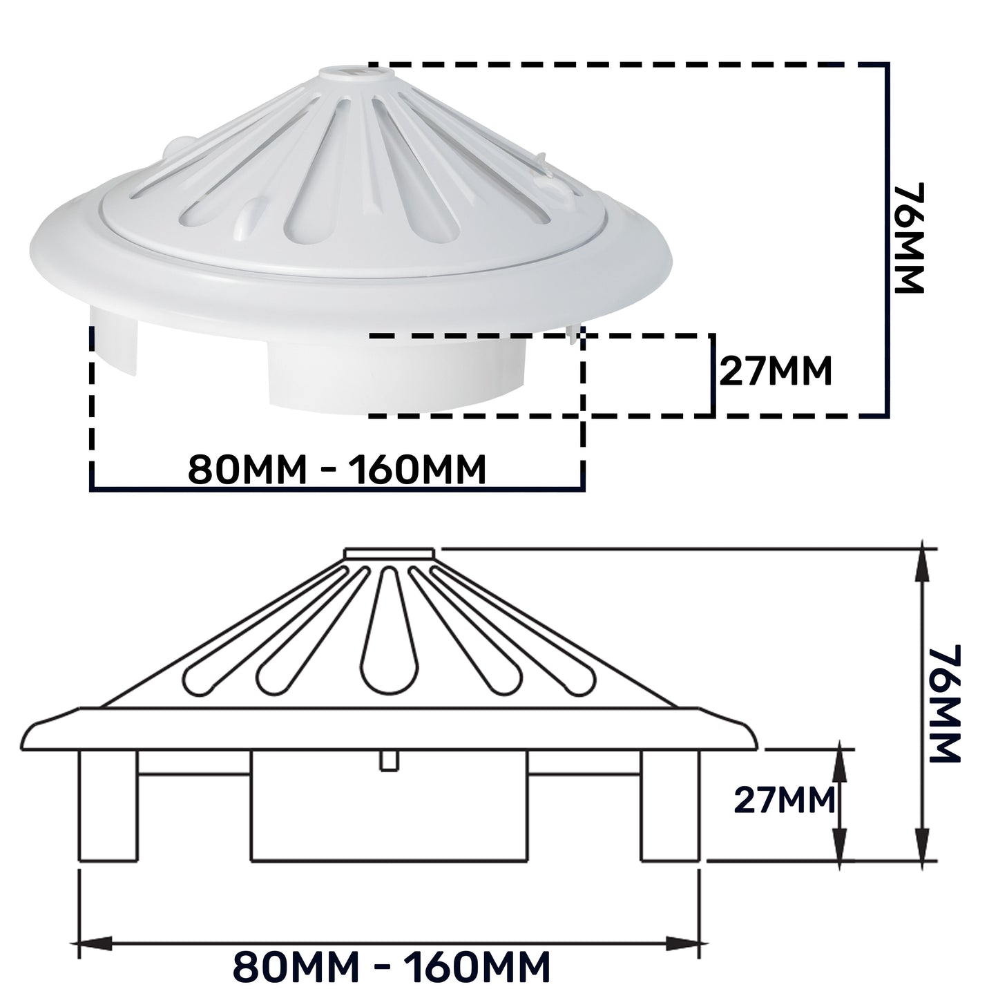 80mm-160mm Adjustable White Round Louvre Vent