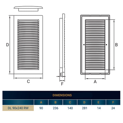 White Louvre Vent DL/90X240RW LUX with Insect Mesh