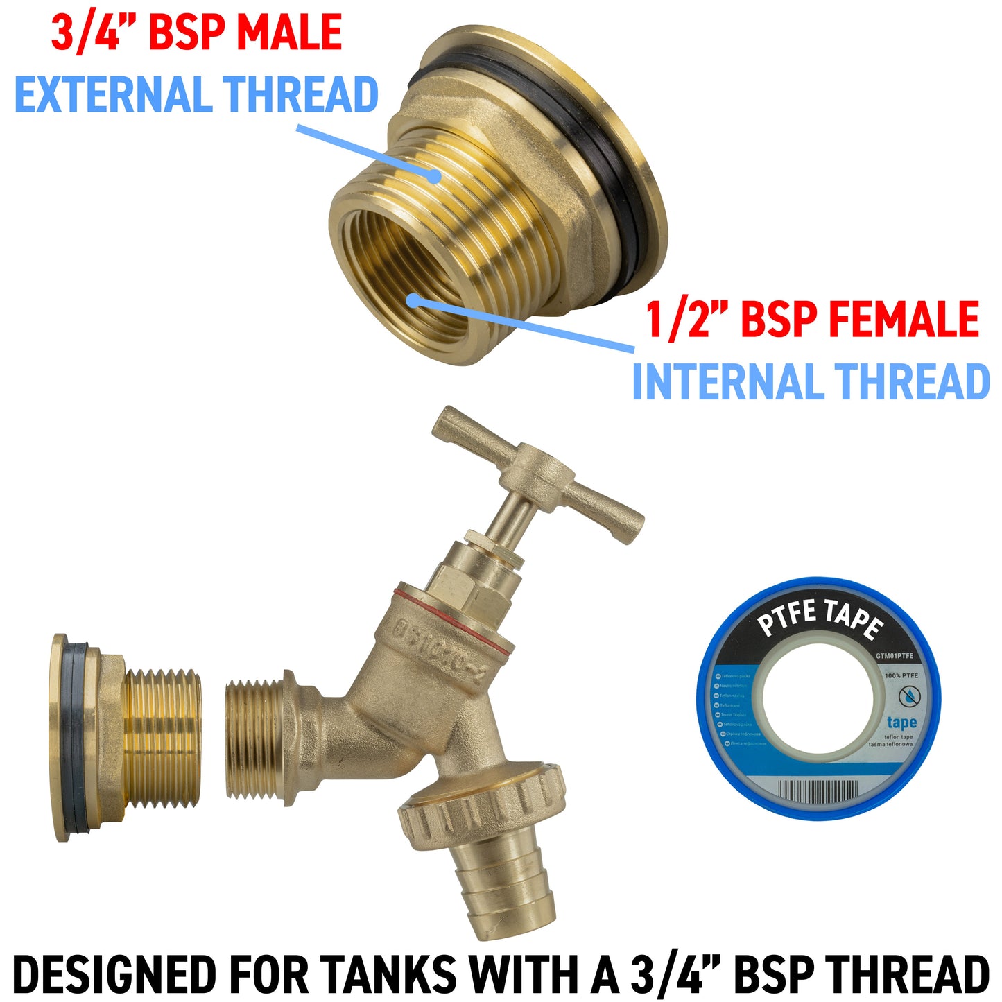 3/4" Brass Water Butt Set with Barbed Brass Tap and Drill Bit