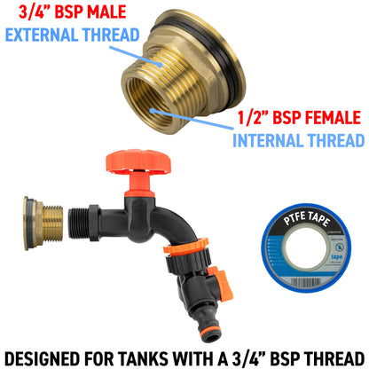3/4" Brass Water Butt Set with Black Rotary Tap, Dual Outlet Splitter & Drill Bit
