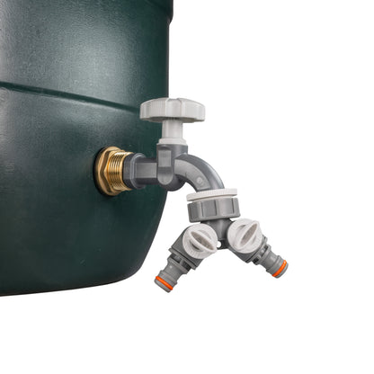3/4" Brass Water Butt Set with Grey Rotary Tap, Dual Outlet Splitter & Drill Bit