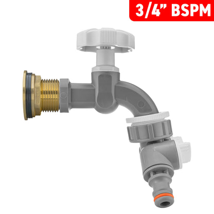 3/4" Brass Water Butt Set with Grey Rotary Tap, Dual Outlet Splitter & Drill Bit
