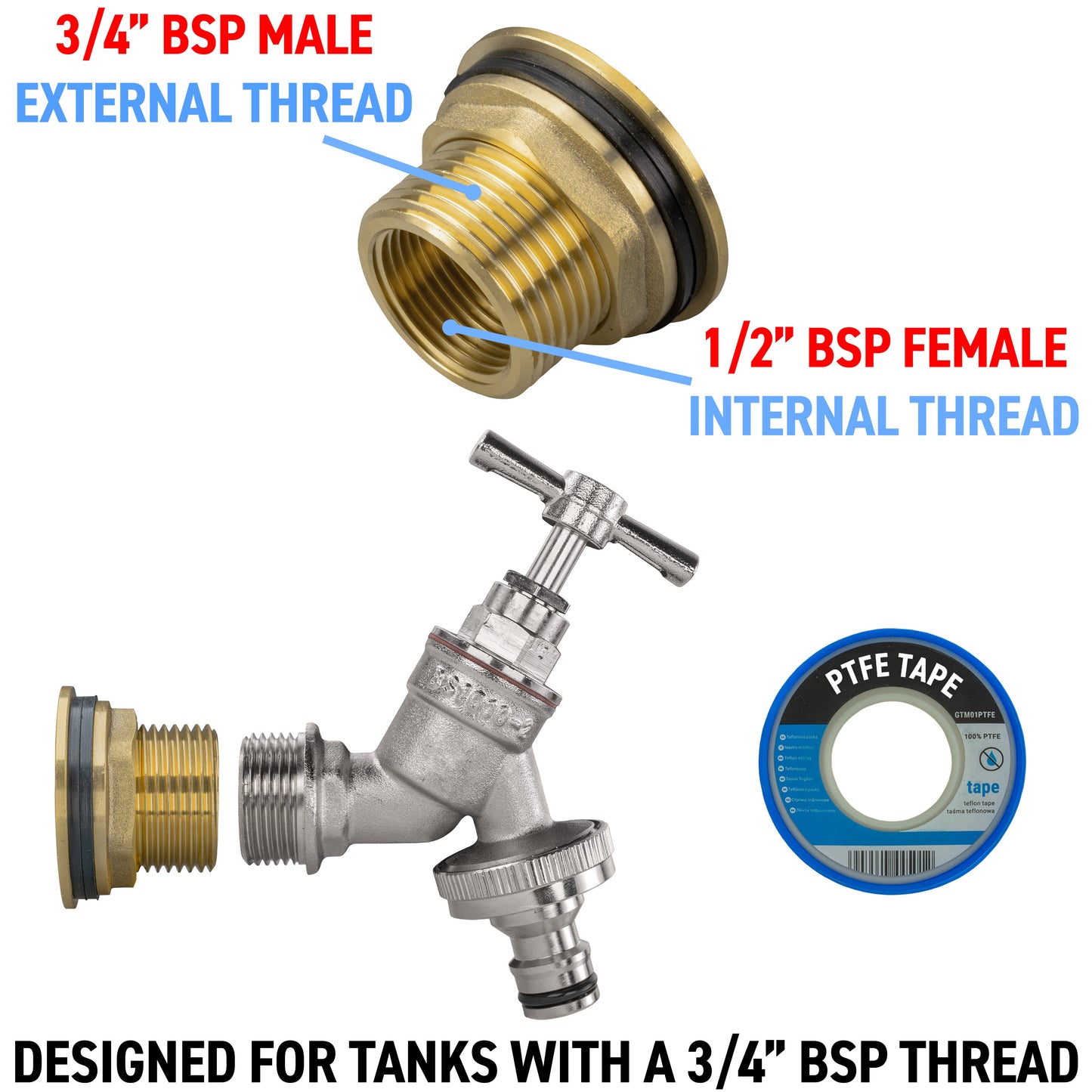3/4" Brass Water Butt Set with Nickel-Plated Quick-Connect Tap & Drill Bit