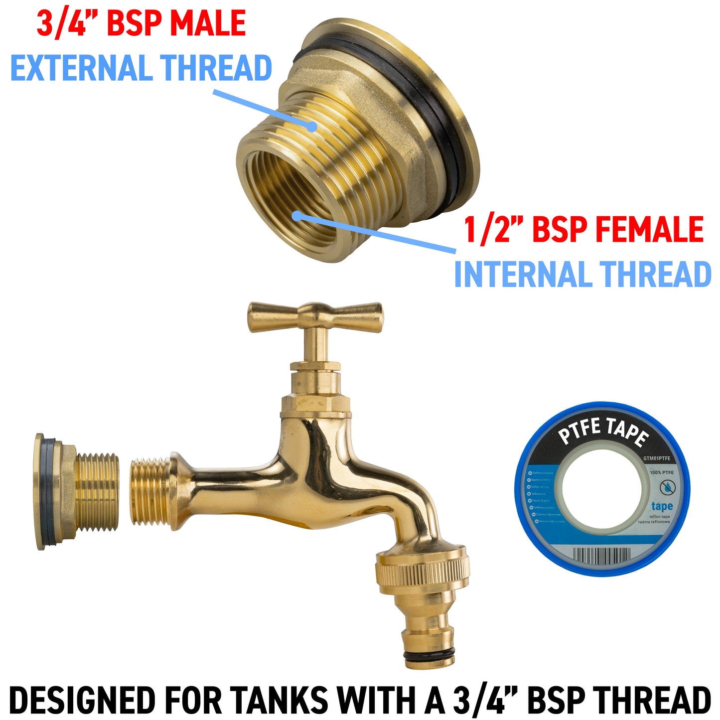 3/4" Brass Water Butt Set with Polished Brass Quick Connect Tap & Drill Bit