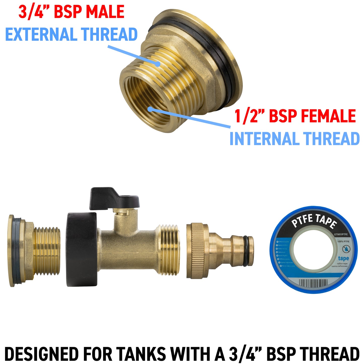 3/4" Brass Water Butt Set with Shut-Off Valve, Quick-Connect Fitting and Drill Bit
