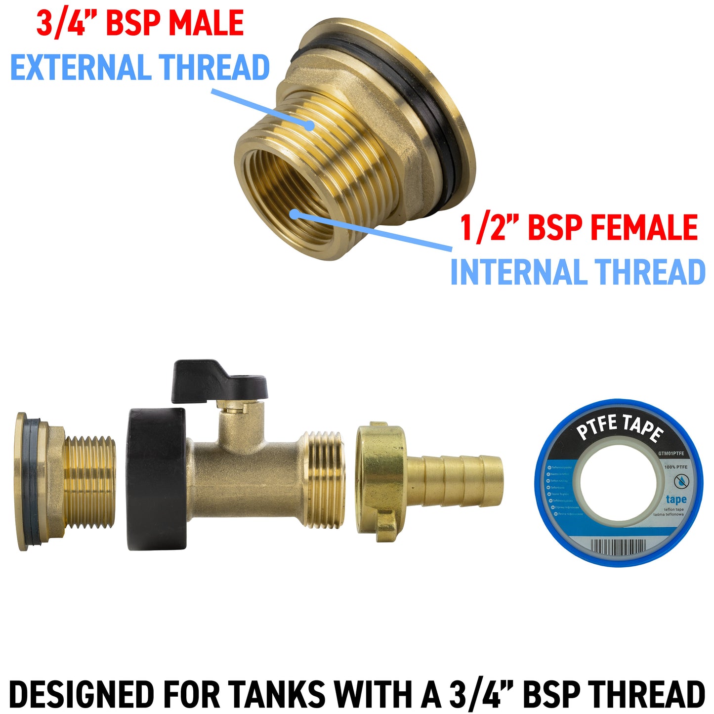3/4’’ Brass Water Butt Set with In-Line Valve, 13mm Hose Tail and Drill Bit
