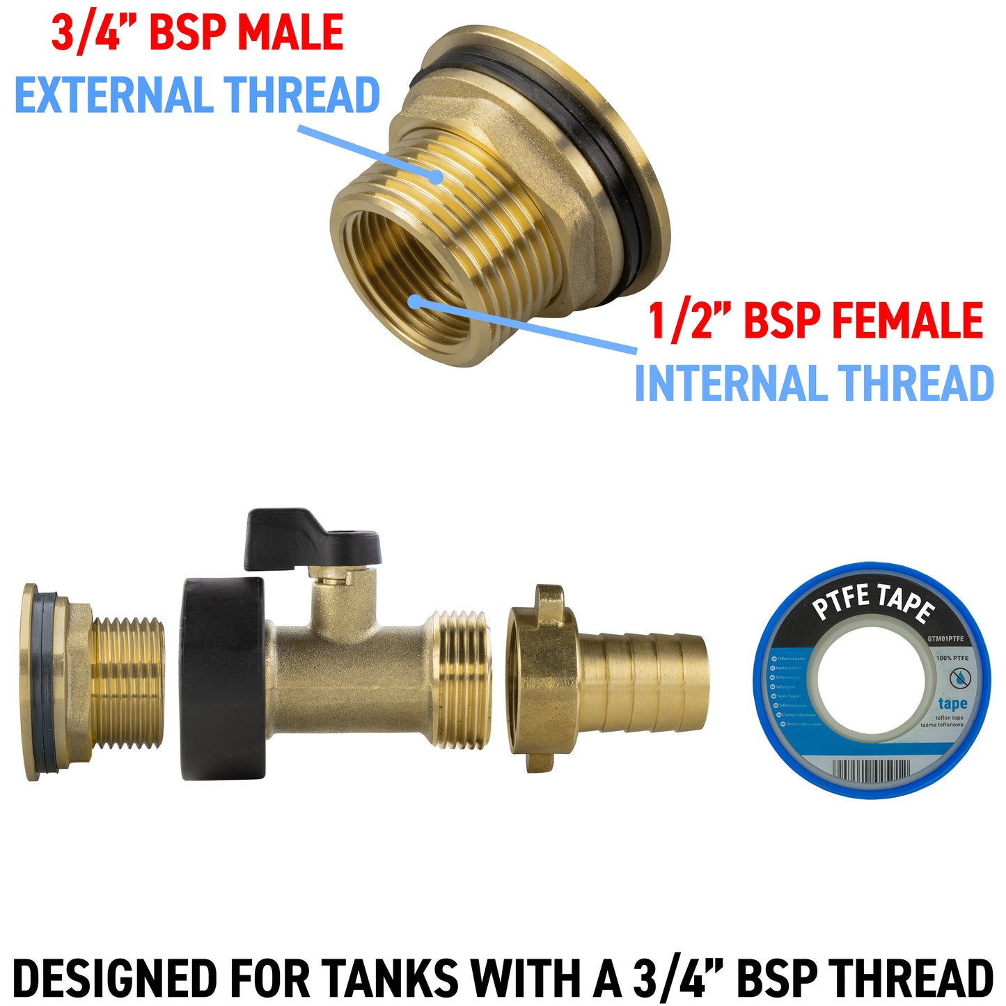 3/4’’ Brass Water Butt Set with In-Line Valve, 19mm Hose Tail and Drill Bit