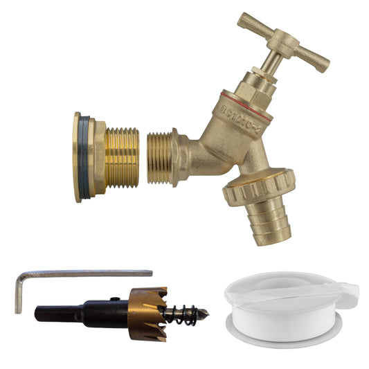 3/4" Brass Water Butt Set with Barbed Brass Tap and Drill Bit