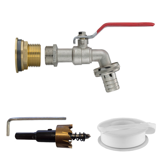 3/4" Brass Water Butt Set with Barbed Hose Tap and Drill Bit