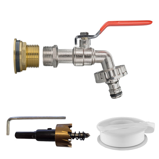 3/4" Brass Water Butt Set with Lever Tap and Snap-On Hose Connector + Drill Bit
