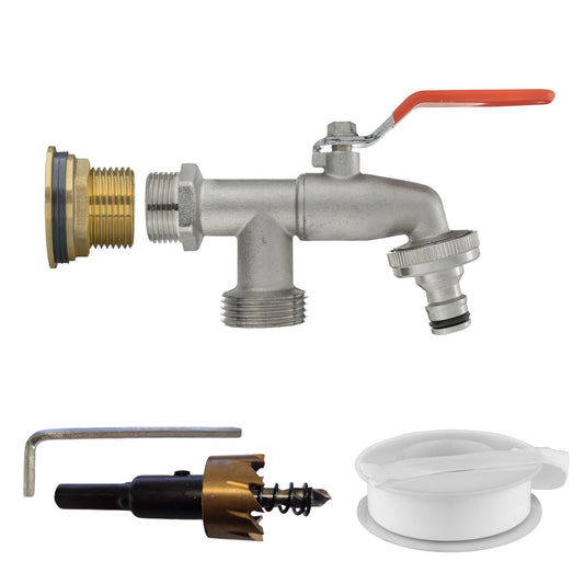 3/4" Brass Water Butt Set with Twin Outlet Tap and Drill Bit
