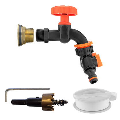3/4" Brass Water Butt Set with Black Rotary Tap, Dual Outlet Splitter & Drill Bit