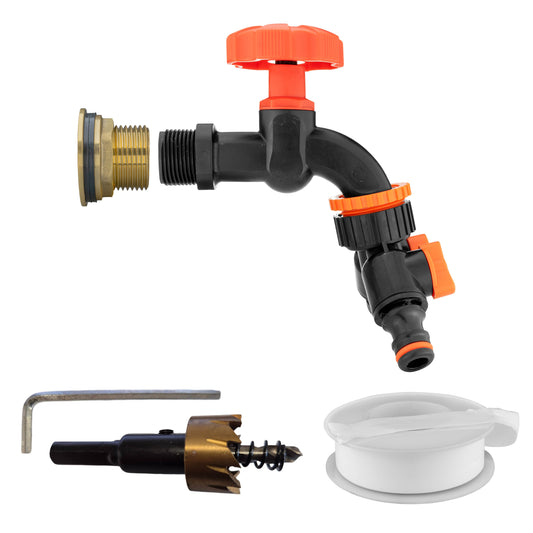 3/4" Brass Water Butt Set with Black Rotary Tap, Dual Outlet Splitter & Drill Bit