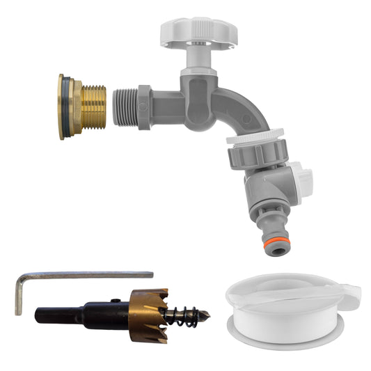 3/4" Brass Water Butt Set with Grey Rotary Tap, Dual Outlet Splitter & Drill Bit