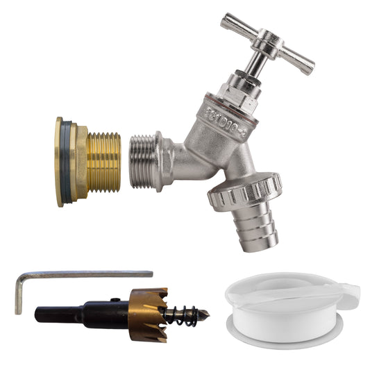 3/4" Brass Water Butt Set with Nickel-Plated Barbed Hose Tap & Drill Bit