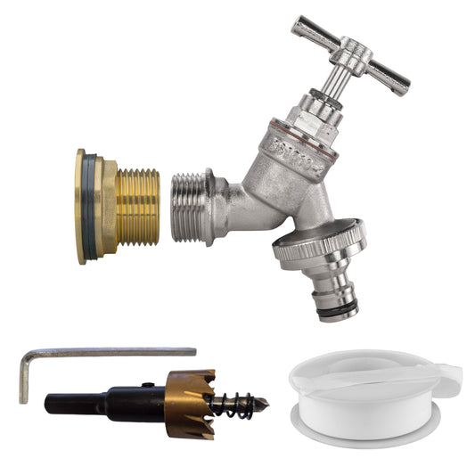 3/4" Brass Water Butt Set with Nickel-Plated Quick-Connect Tap & Drill Bit