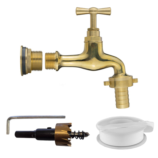 3/4’’ Brass Water Butt Set with 15mm Hose Tail Polished Brass Tap & Drill Bit