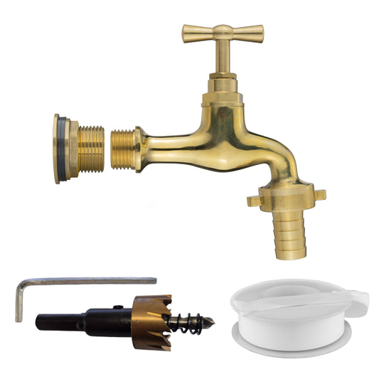 3/4’’ Brass Water Butt Set with 19mm Hose Tail Polished Brass Tap & Drill Bit