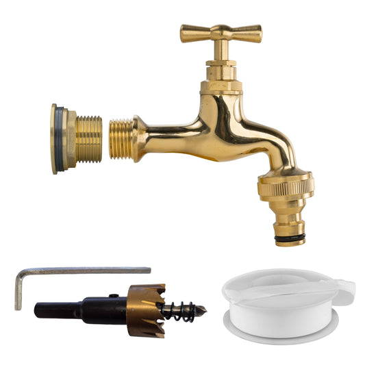 3/4" Brass Water Butt Set with Polished Brass Quick Connect Tap & Drill Bit