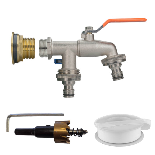 3/4" Brass Water Butt Set with Dual Quick Connect Tap & Drill Bit