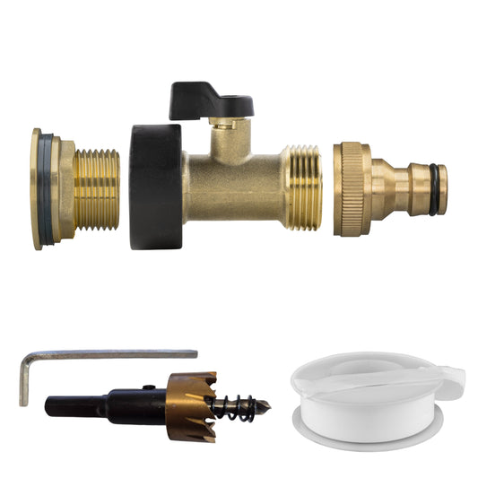 3/4" Brass Water Butt Set with Shut-Off Valve, Quick-Connect Fitting and Drill Bit