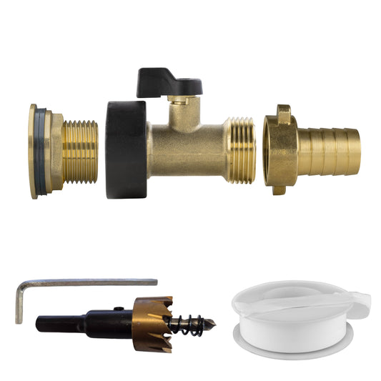 3/4’’ Brass Water Butt Set with In-Line Valve, 19mm Hose Tail and Drill Bit