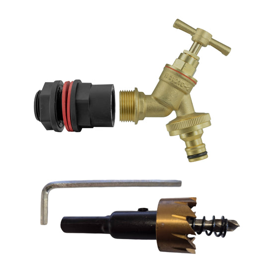 Water Butt Connector Kit ½” with Brass Tap, Snap-On Hose Fitting & Drill Bit