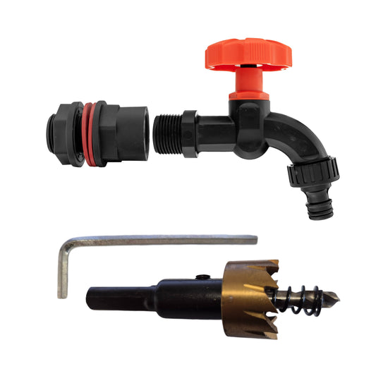 Water Butt Connector Set 1/2’’ with Black PP Tap and Drill Bit