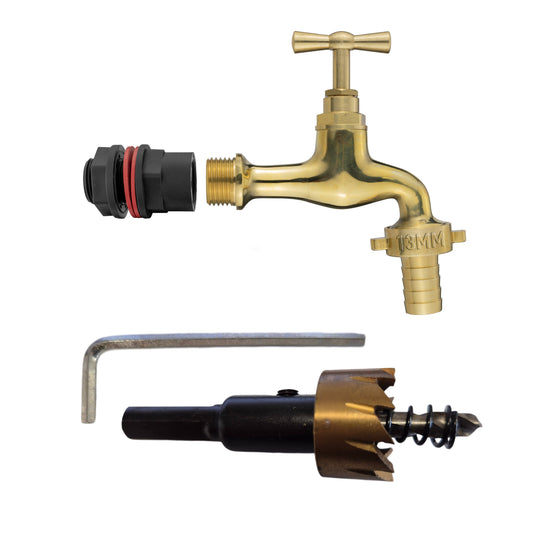 Water Butt Connector Set ½” with 13mm Polish Brass Tap Outlet and Drill Bit