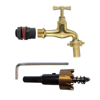 Water Butt Connector Set ½” with 15mm Polish Brass Tap Outlet and Drill Bit
