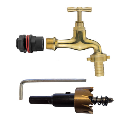 Water Butt Connector Set ½” with 19mm Polish Brass Tap Outlet and Drill Bit